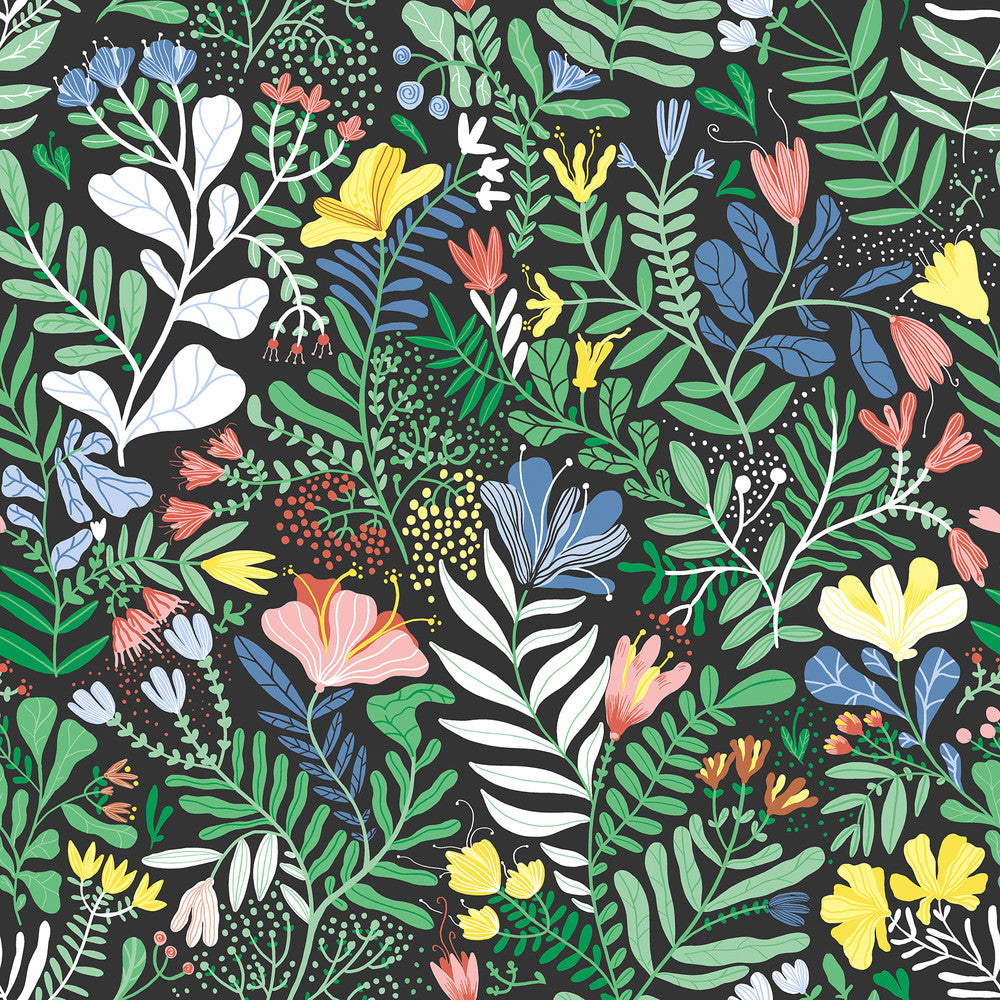 Brittsommar Black Woodland Floral Wallpaper by A-Street Prints Botanica Covers about 57.5 square feet 20.9-in by 33-ft long roll Unpasted 20.9 - Fabric Carolina -