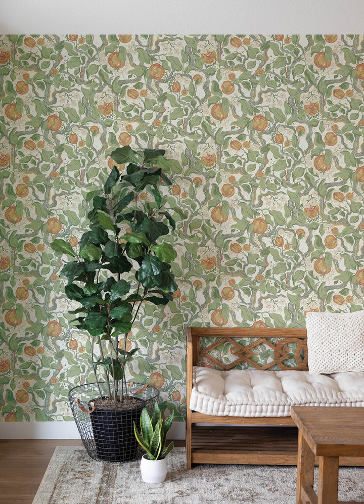 Kort Green Fruit and Floral Wallpaper by A-Street Prints Designer