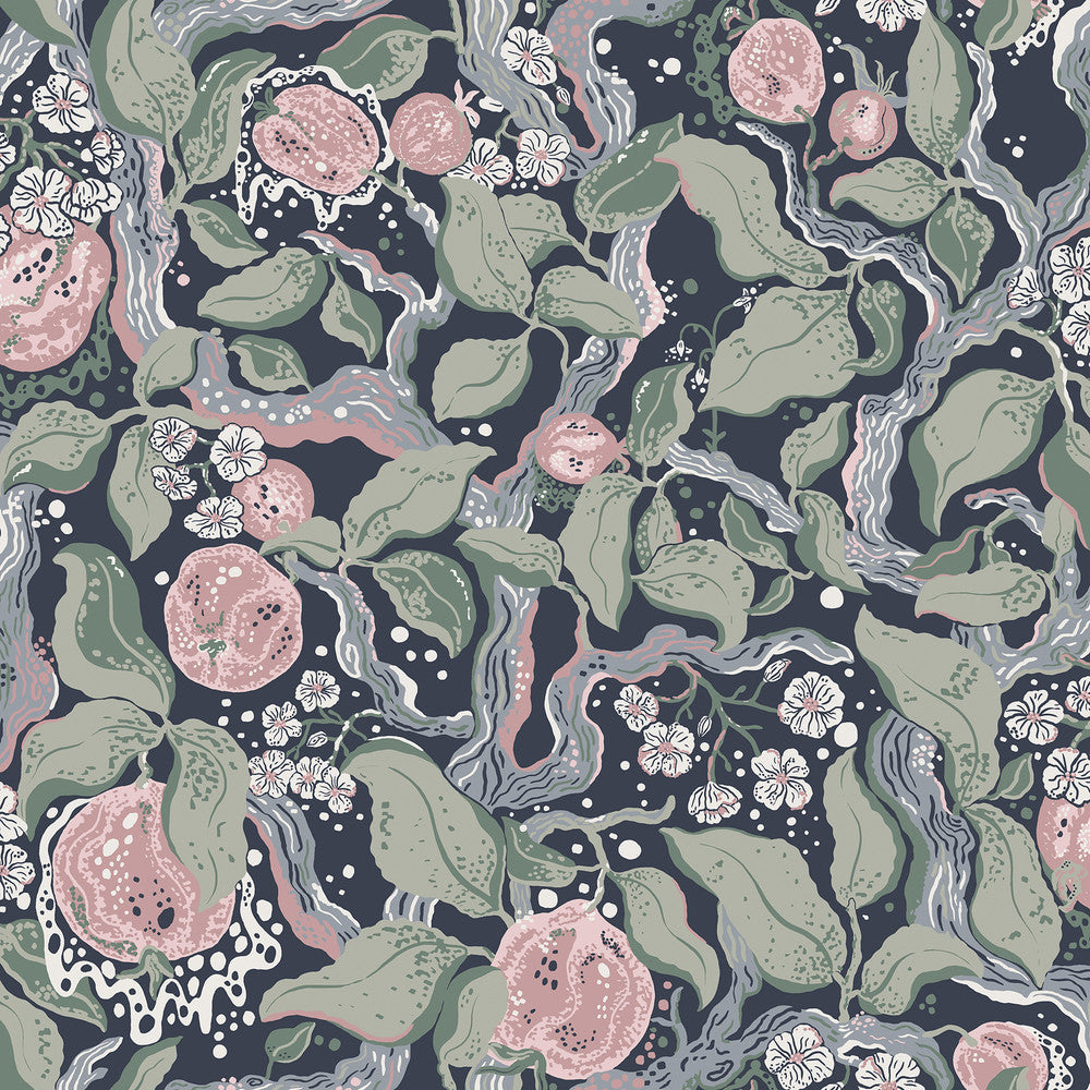 Kort Dark Blue Fruit and Floral Wallpaper by A-Street Prints Botanica Covers about 57.5 square feet 20.9-in by 33-ft long roll Unpasted 20.9 - Fabric Carolina -