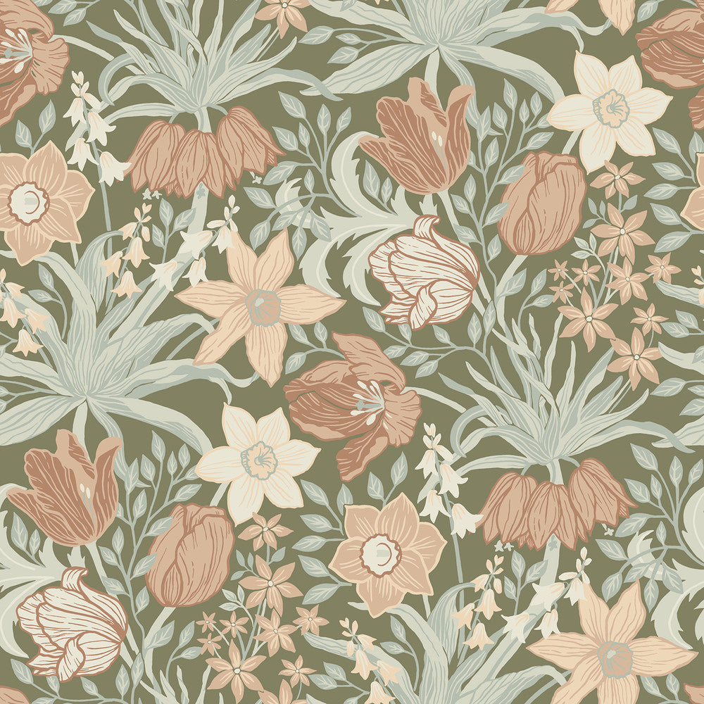 Cecilia Moss Tulip and Daffodil Wallpaper by A-Street Prints Botanica Covers about 57.5 square feet 20.9-in by 33-ft long roll Unpasted 20.9 - Fabric Carolina -