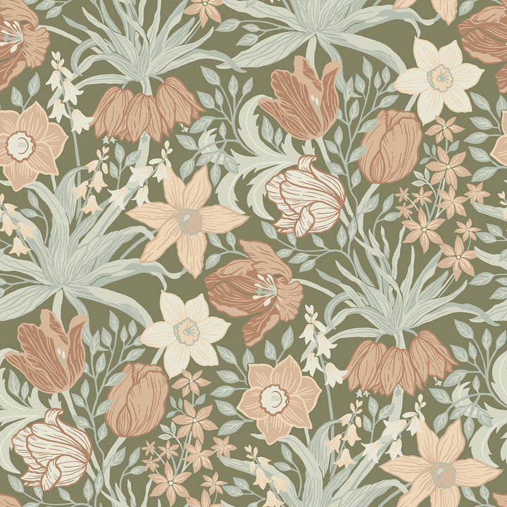 Cecilia Moss Tulip and Daffodil Wallpaper by A-Street Prints Botanica Covers about 57.5 square feet 20.9-in by 33-ft long roll Unpasted 20.9 - Fabric Carolina -
