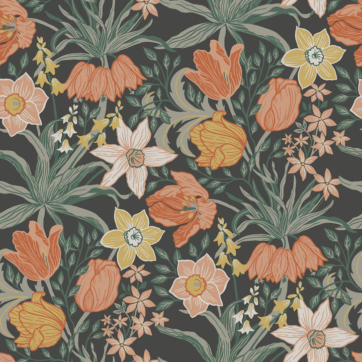 Cecilia Black Tulip and Daffodil Wallpaper by A-Street Prints Botanica Covers about 57.5 square feet 20.9-in by 33-ft long roll Unpasted 20.9 - Fabric Carolina -