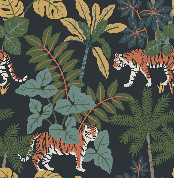 Caspian Navy Jungle Prowl Wallpaper by A-Street Prints Harmony Covers about 56.4 square feet 20.5-in by 33-ft long roll Unpasted 20.86 - Fabric Carolina -