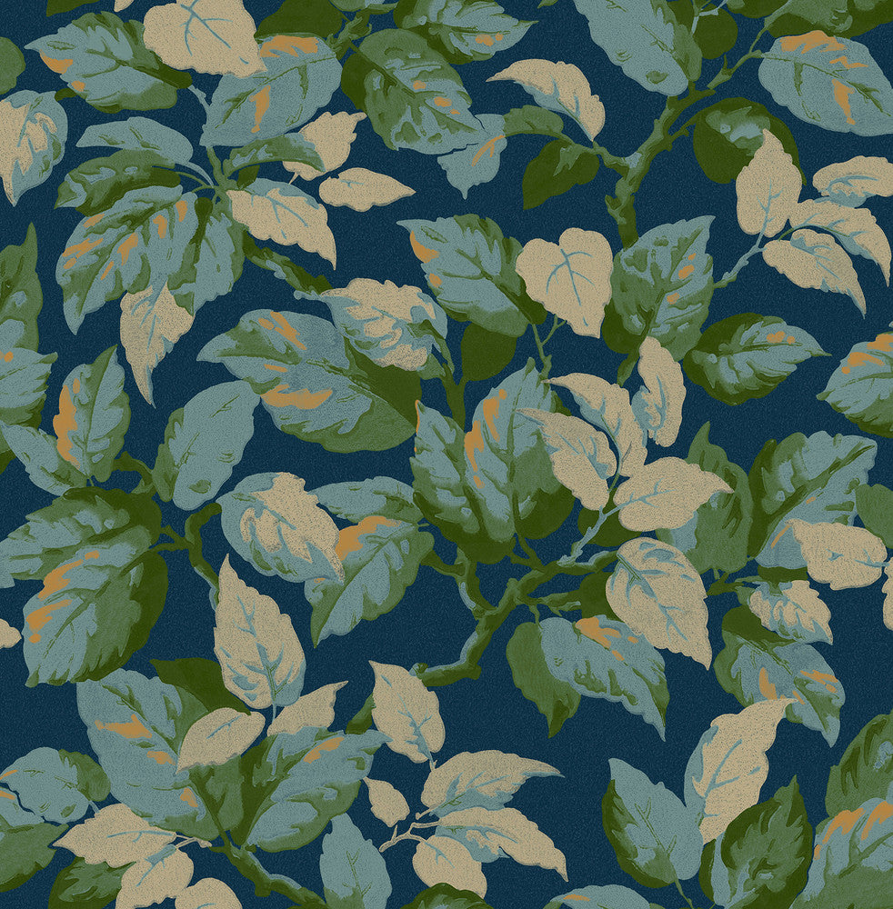 Canopy Navy Leaf Wallpaper by Advantage Westbury Forest Covers about 56.4 square feet 20.5-in by 33-ft long roll Unpasted 20.9 - Fabric Carolina -