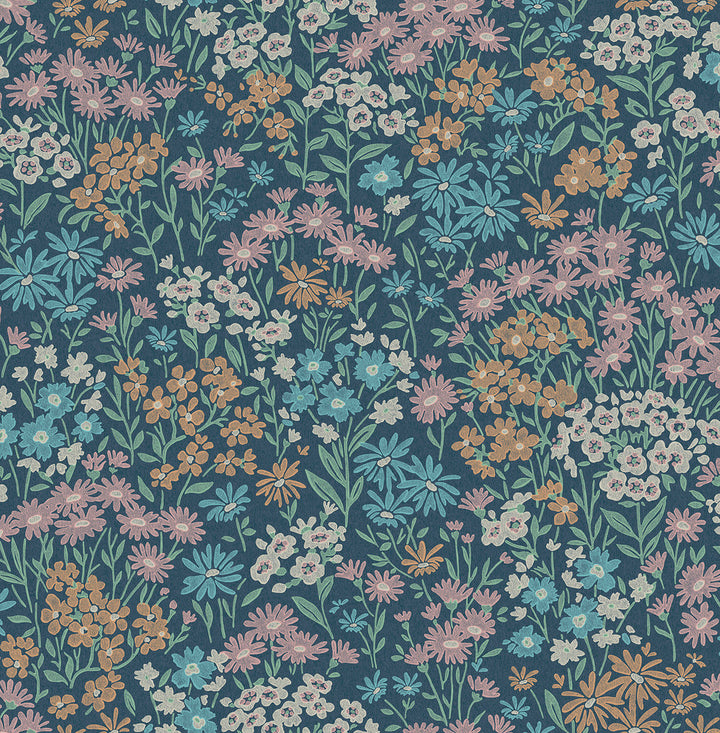 Ditsy Dark Blue Daisies Wallpaper by Advantage Westbury Forest Covers about 56.4 square feet 20.5-in by 33-ft long roll Unpasted 20.9 - Fabric Carolina -