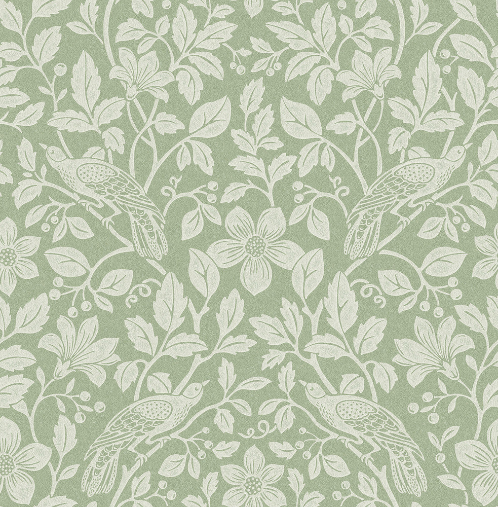 Marlow Green Bird Vine Wallpaper by Advantage Westbury Forest Covers about 56.4 square feet 20.5-in by 33-ft long roll Unpasted 20.9 - Fabric Carolina -