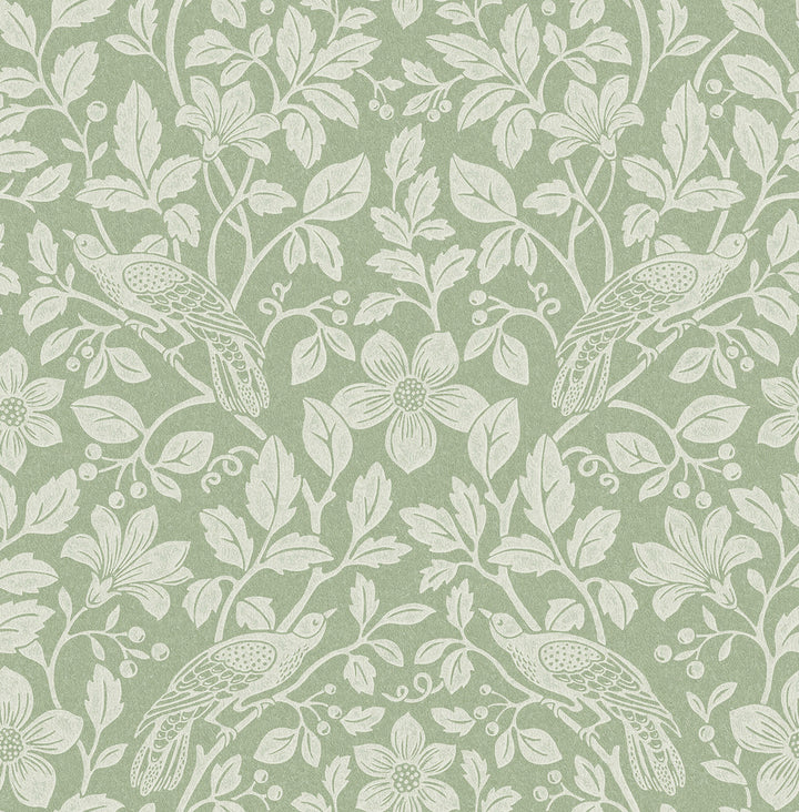 Marlow Green Bird Vine Wallpaper by Advantage Westbury Forest Covers about 56.4 square feet 20.5-in by 33-ft long roll Unpasted 20.9 - Fabric Carolina -