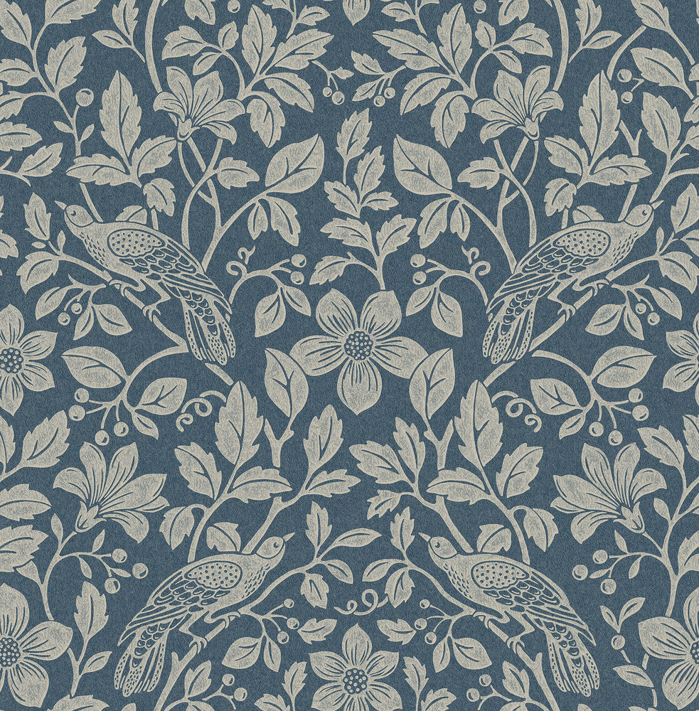 Marlow Dark Blue Bird Vine Wallpaper by Advantage Westbury Forest Covers about 56.4 square feet 20.5-in by 33-ft long roll Unpasted 20.9 - Fabric Carolina -