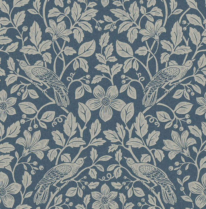 Marlow Dark Blue Bird Vine Wallpaper by Advantage Westbury Forest Covers about 56.4 square feet 20.5-in by 33-ft long roll Unpasted 20.9 - Fabric Carolina -