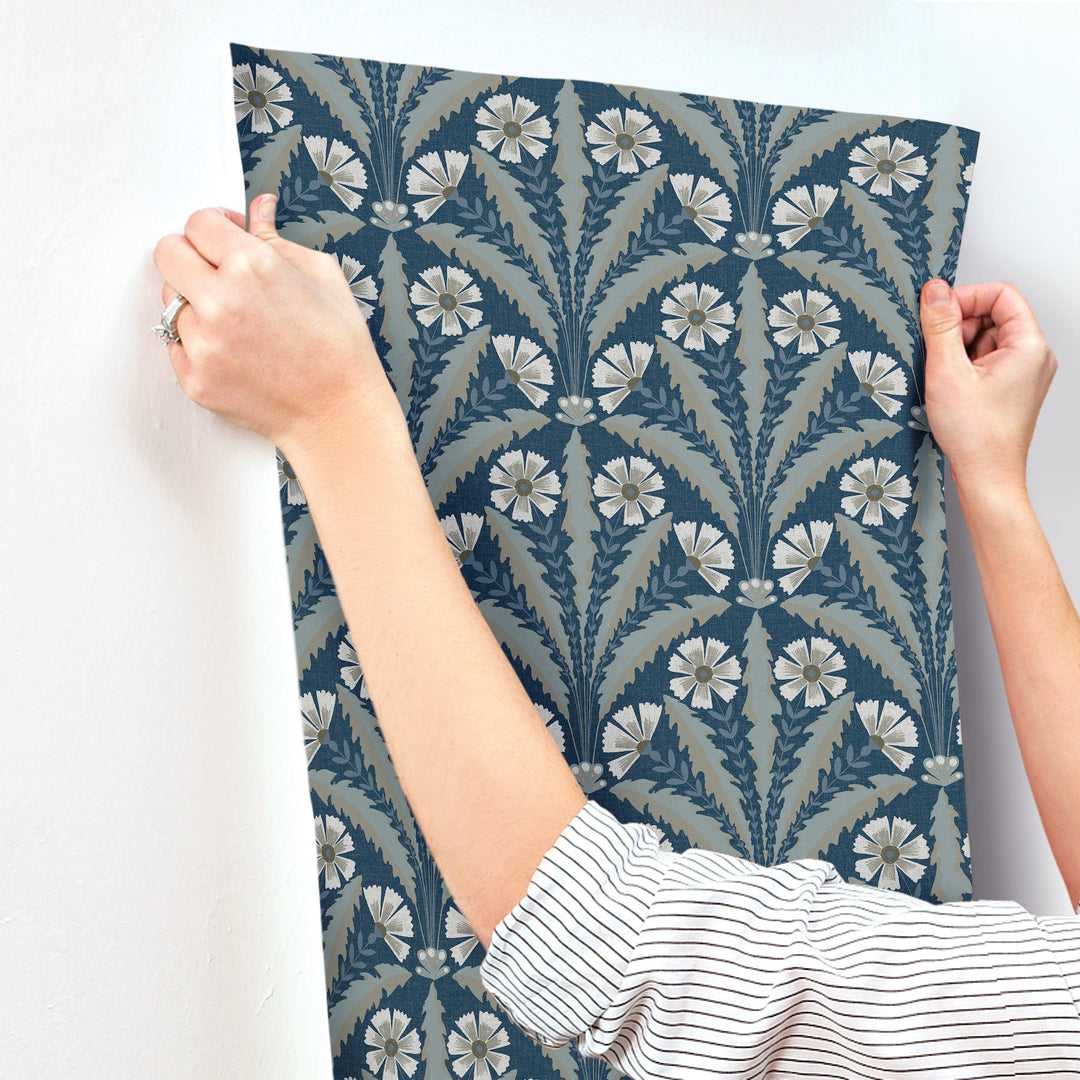Tap Root Dark Blue Floral Damask Wallpaper by Chesapeake Designer