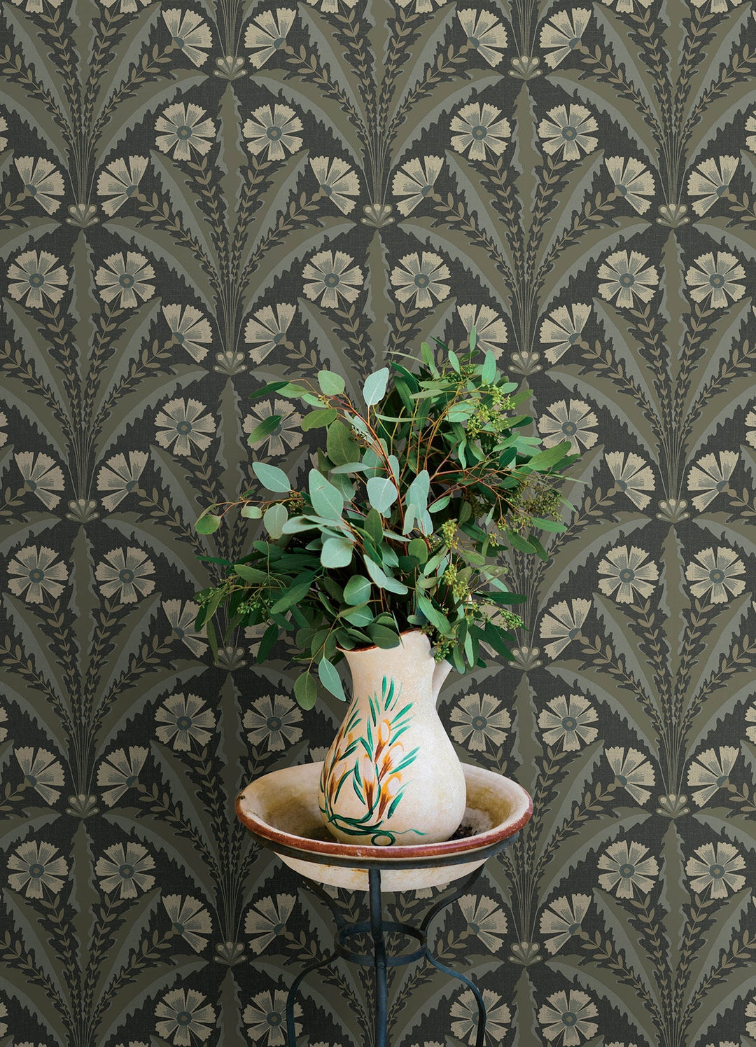 Tap Root Charcoal Floral Damask Wallpaper by Chesapeake Designer