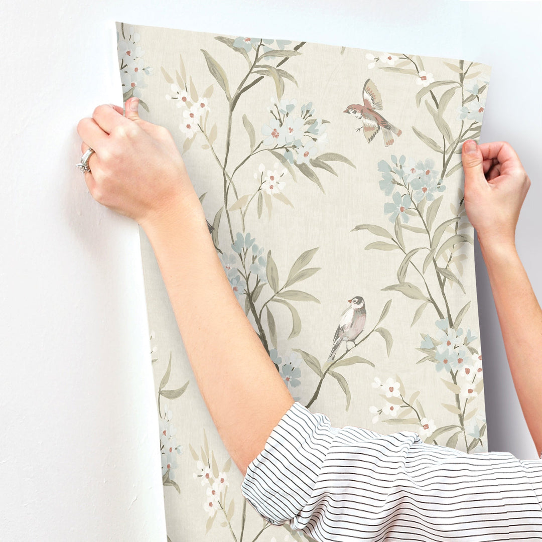Tea Olive Beige Finch Frolic Wallpaper by Chesapeake Designer