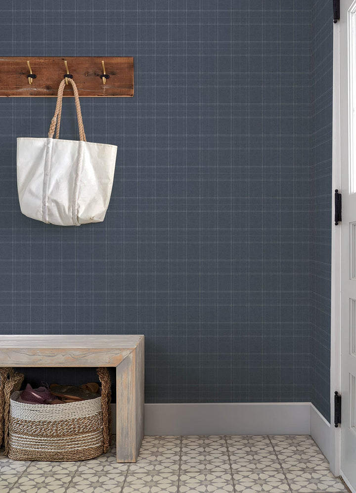 Fox Hollow Dark Blue Dashed Plaid Wallpaper by Chesapeake Designer