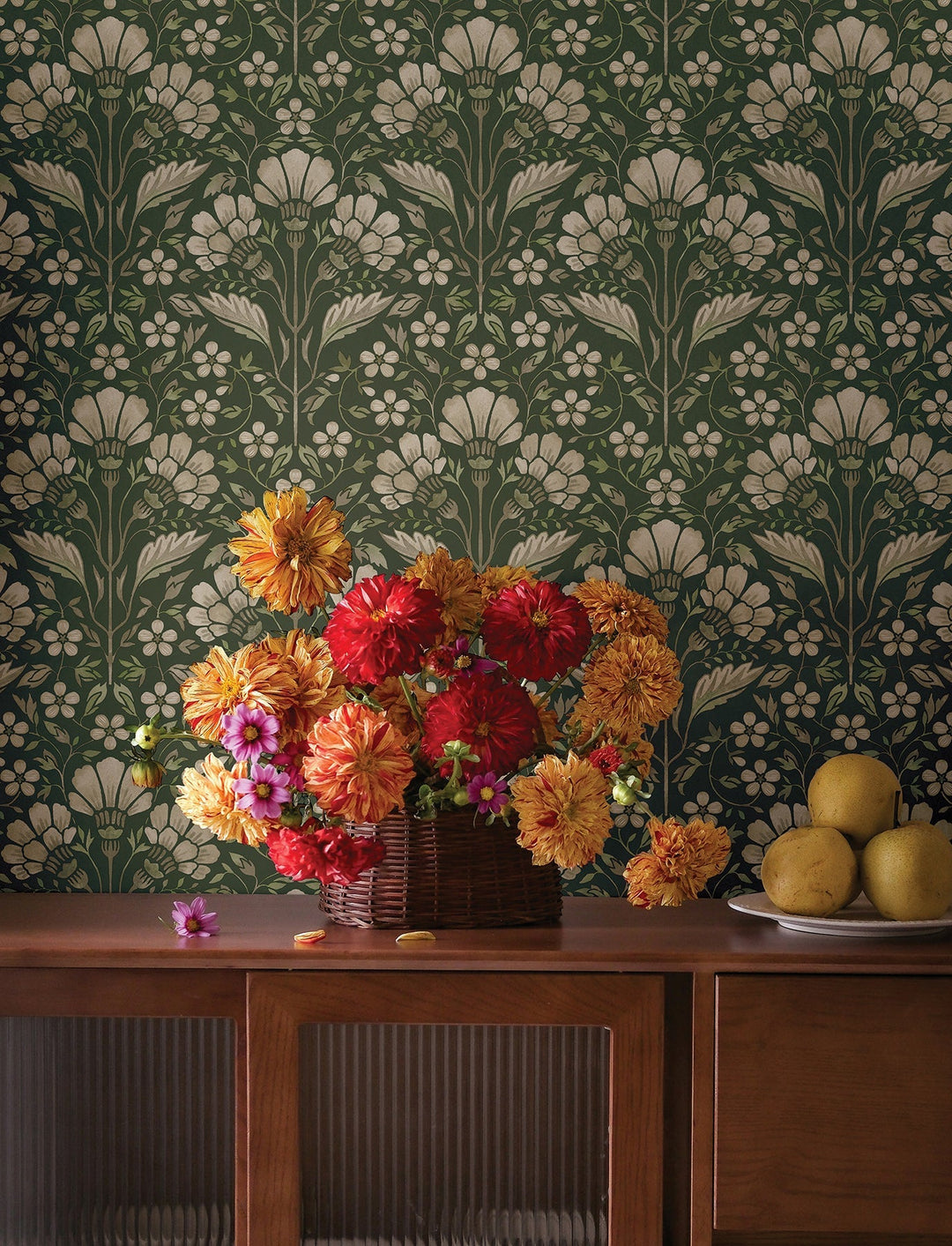 Edith Green Floral Damask Wallpaper by Chesapeake Designer