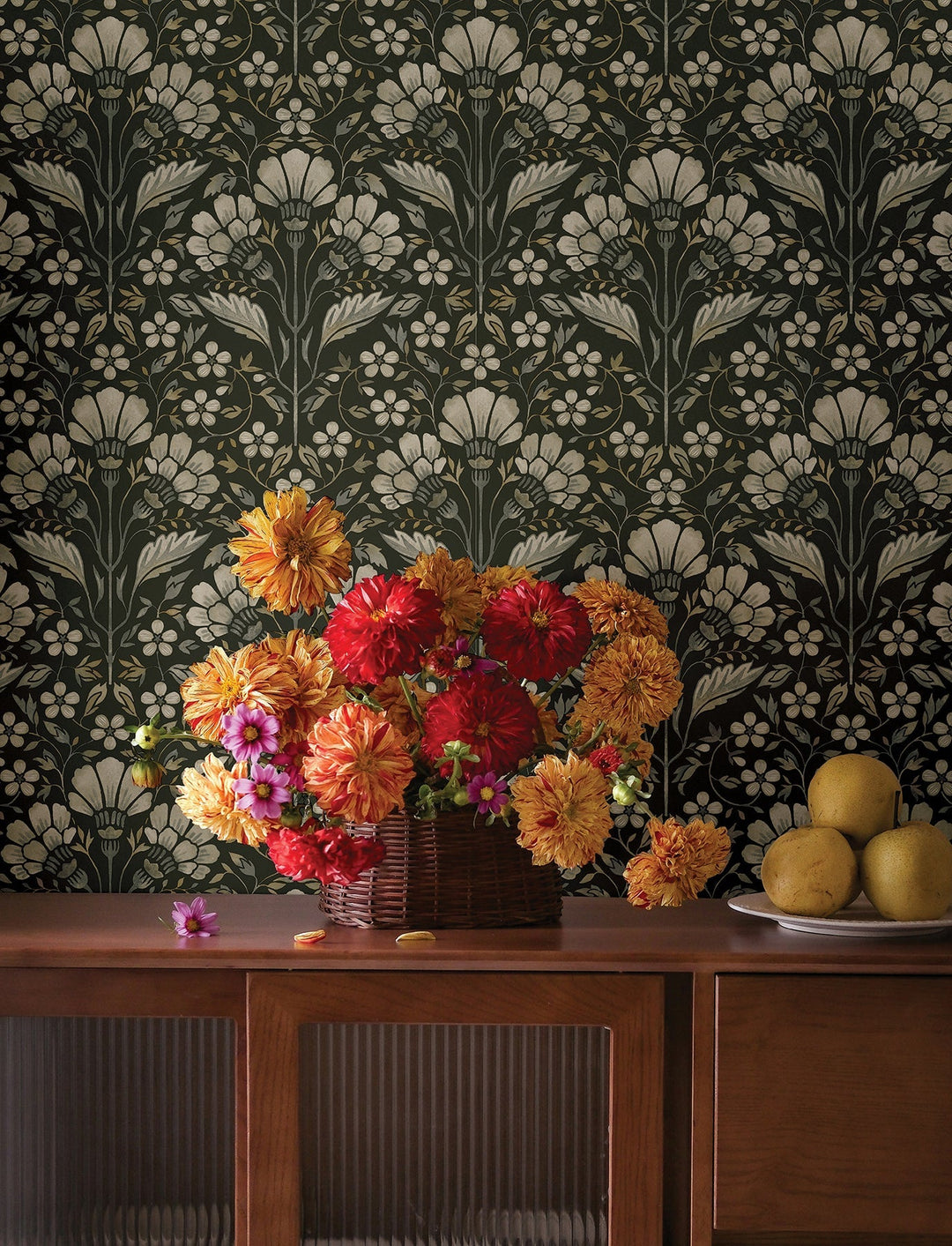Edith Black Floral Damask Wallpaper by Chesapeake Designer