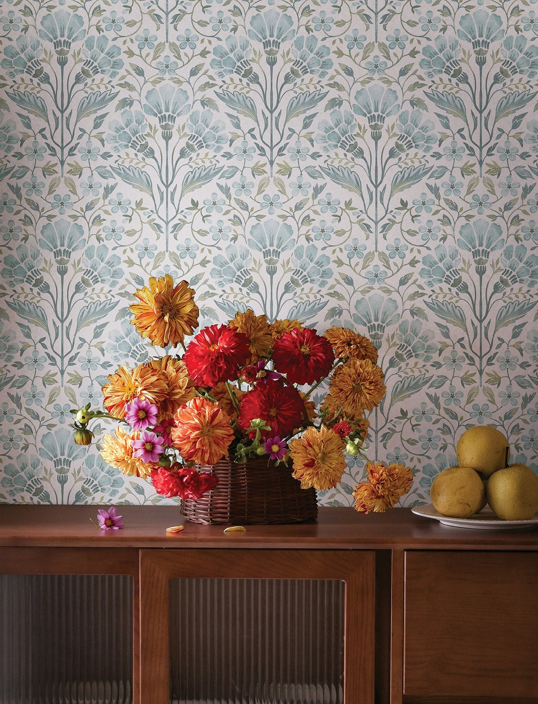 Edith Light Blue Floral Damask Wallpaper by Chesapeake Designer