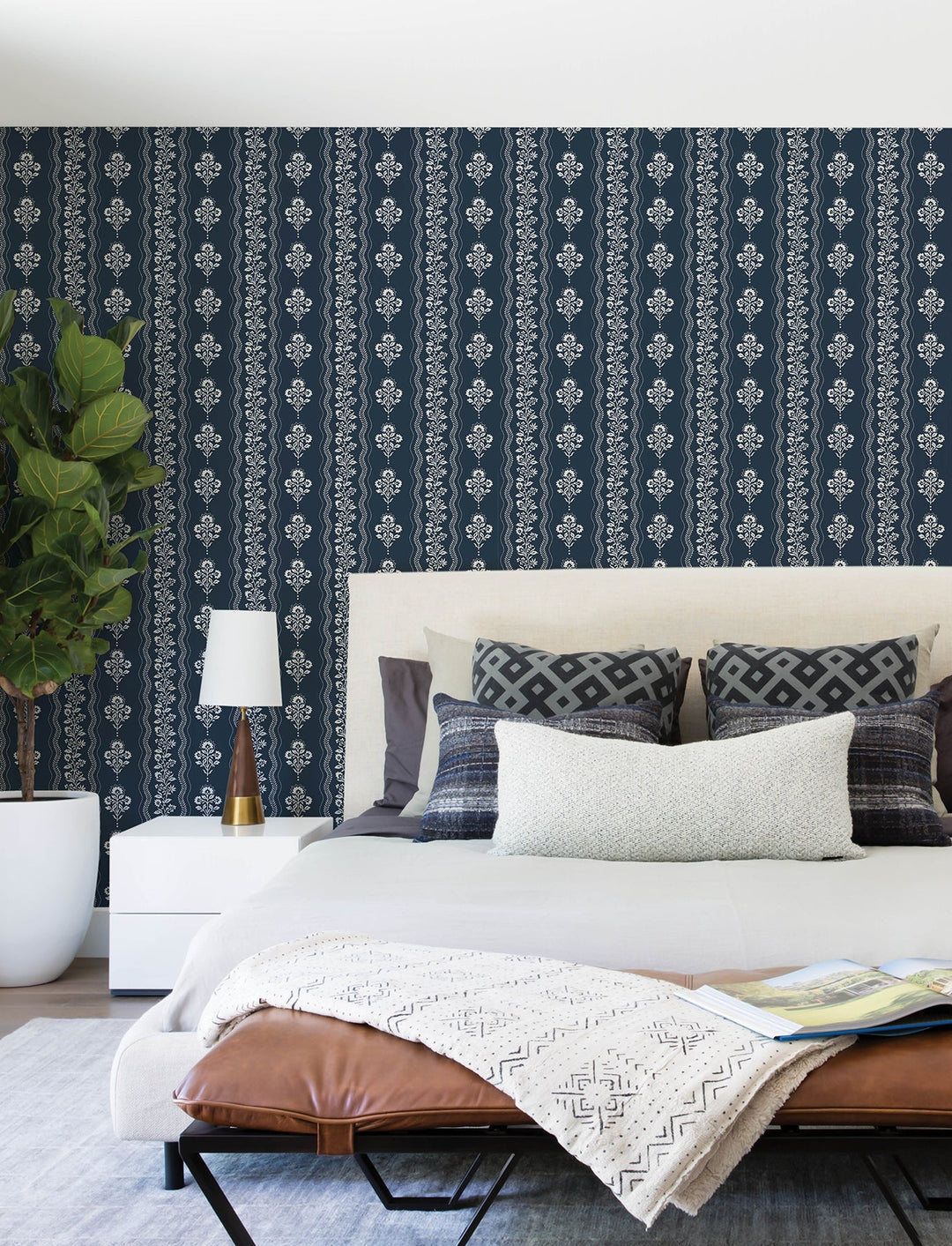 Lenea Navy Floral Stripe Wallpaper by Chesapeake Designer