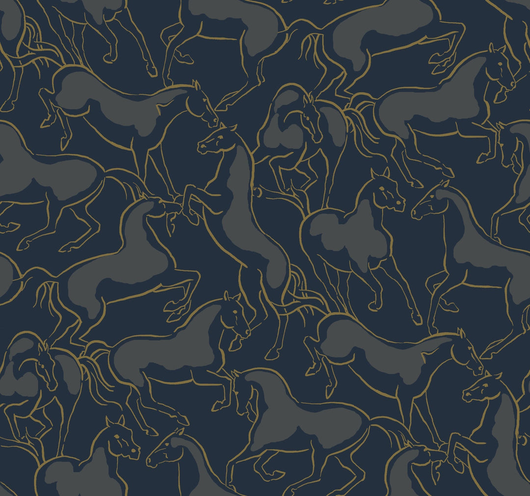 Dressage Navy Stallions Wallpaper by Ronald Redding Designer