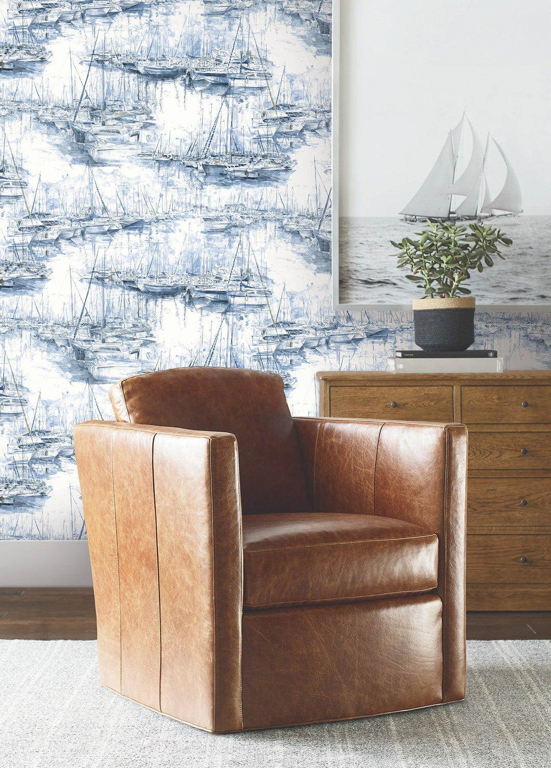 Yacht Club Blue Scenic Wallpaper by Ronald Redding Designer