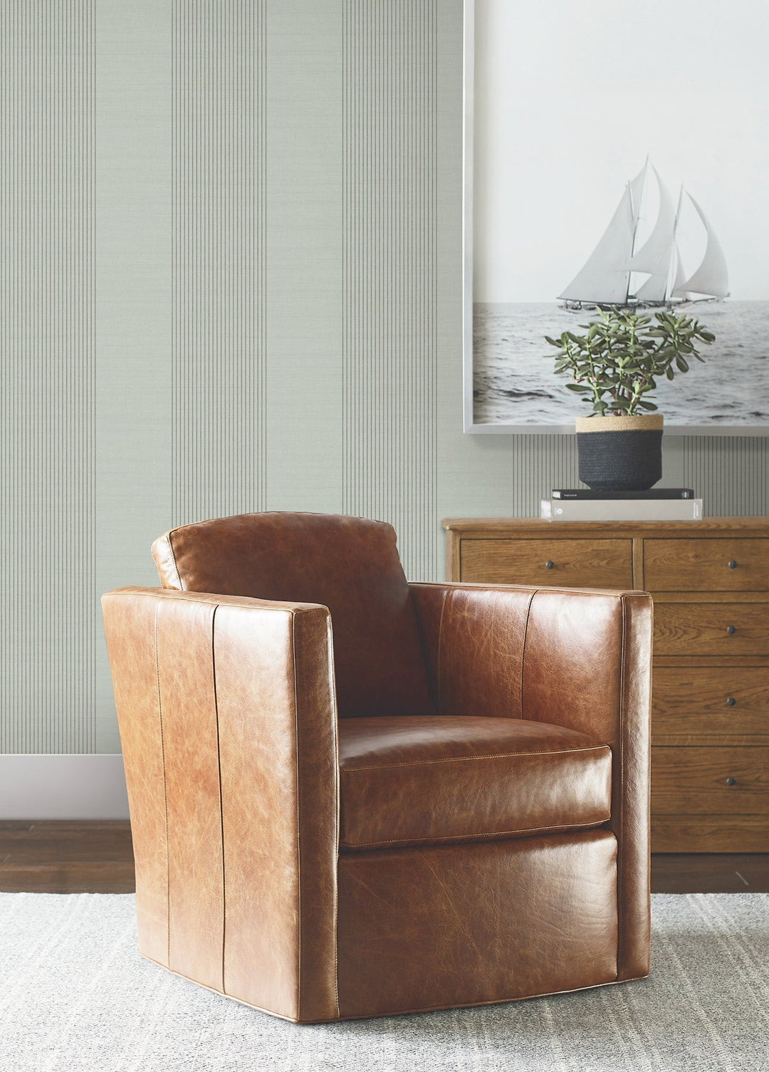 Archer Stripe Sage Faux Linen Wallpaper by Ronald Redding Designer
