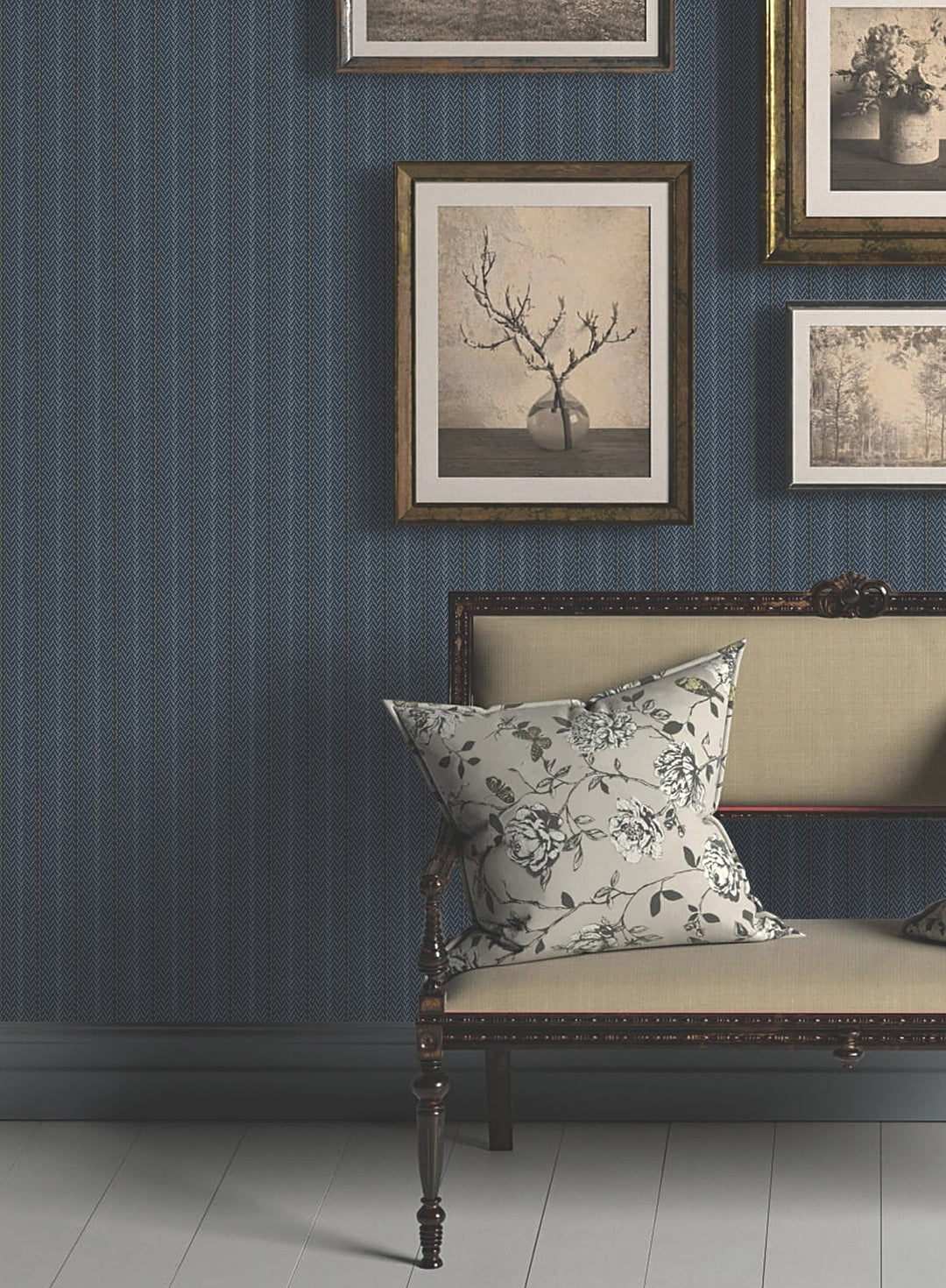 Elkan Stripe Navy Herringbone Wallpaper by Ronald Redding Designer