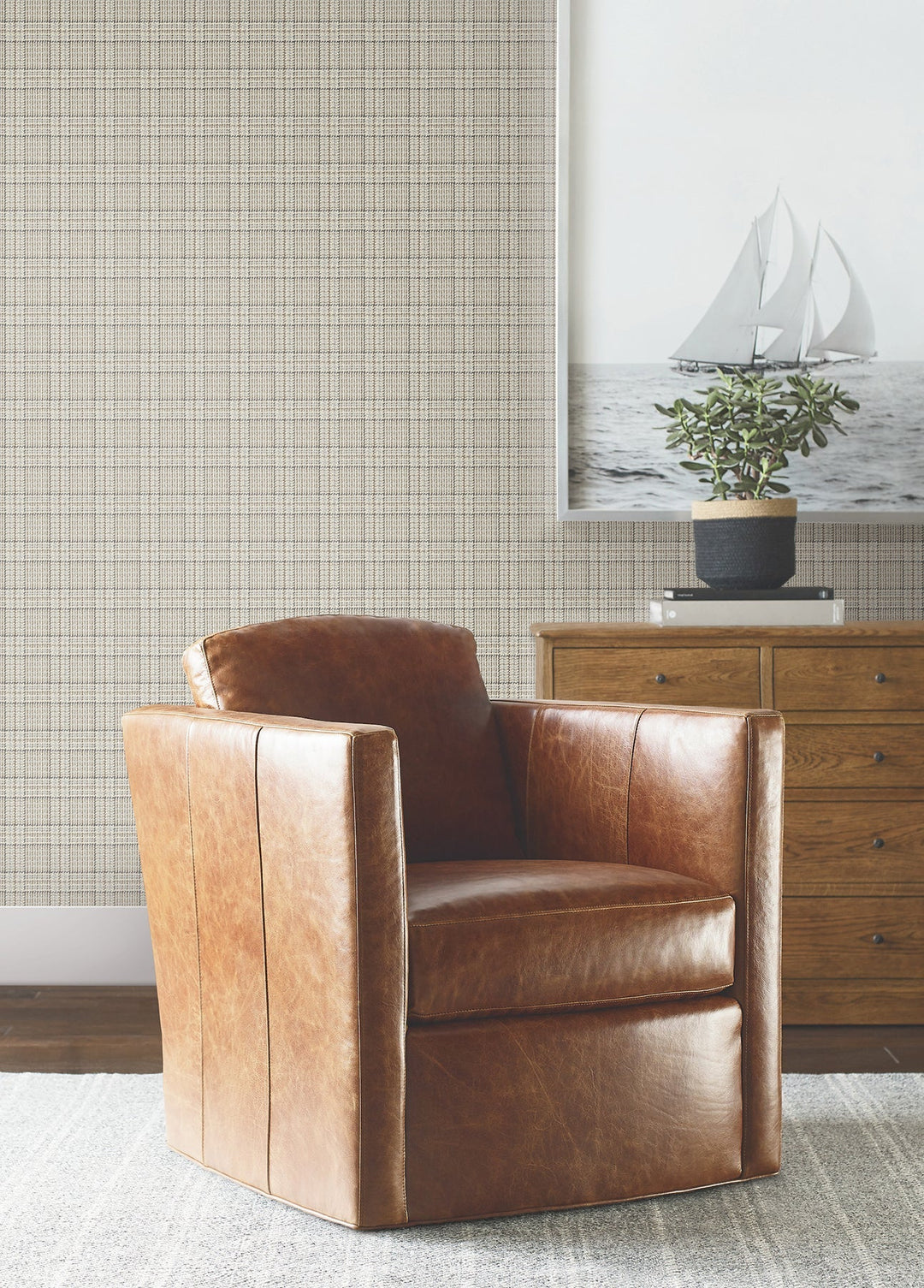 Harrington Plaid Light Brown Glen Check Wallpaper by Ronald Redding Designer
