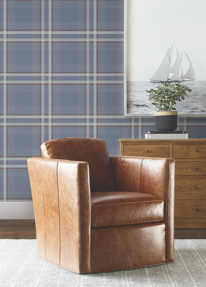 Country Club Plaid Denim Faux Linen Wallpaper by Ronald Redding Designer