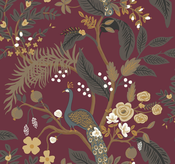 Peacock Burgundy Wallpaper by Rifle Paper Co. Designer