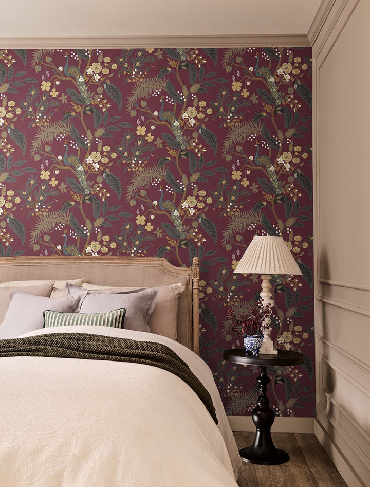Peacock Burgundy Wallpaper by Rifle Paper Co. Designer