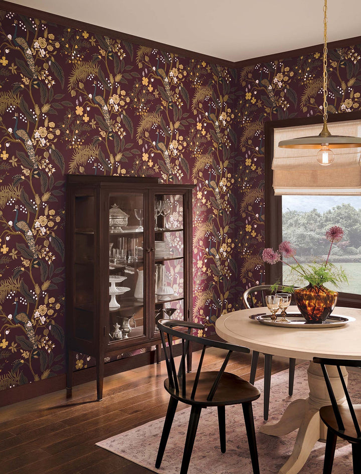 Peacock Burgundy Wallpaper by Rifle Paper Co. Designer