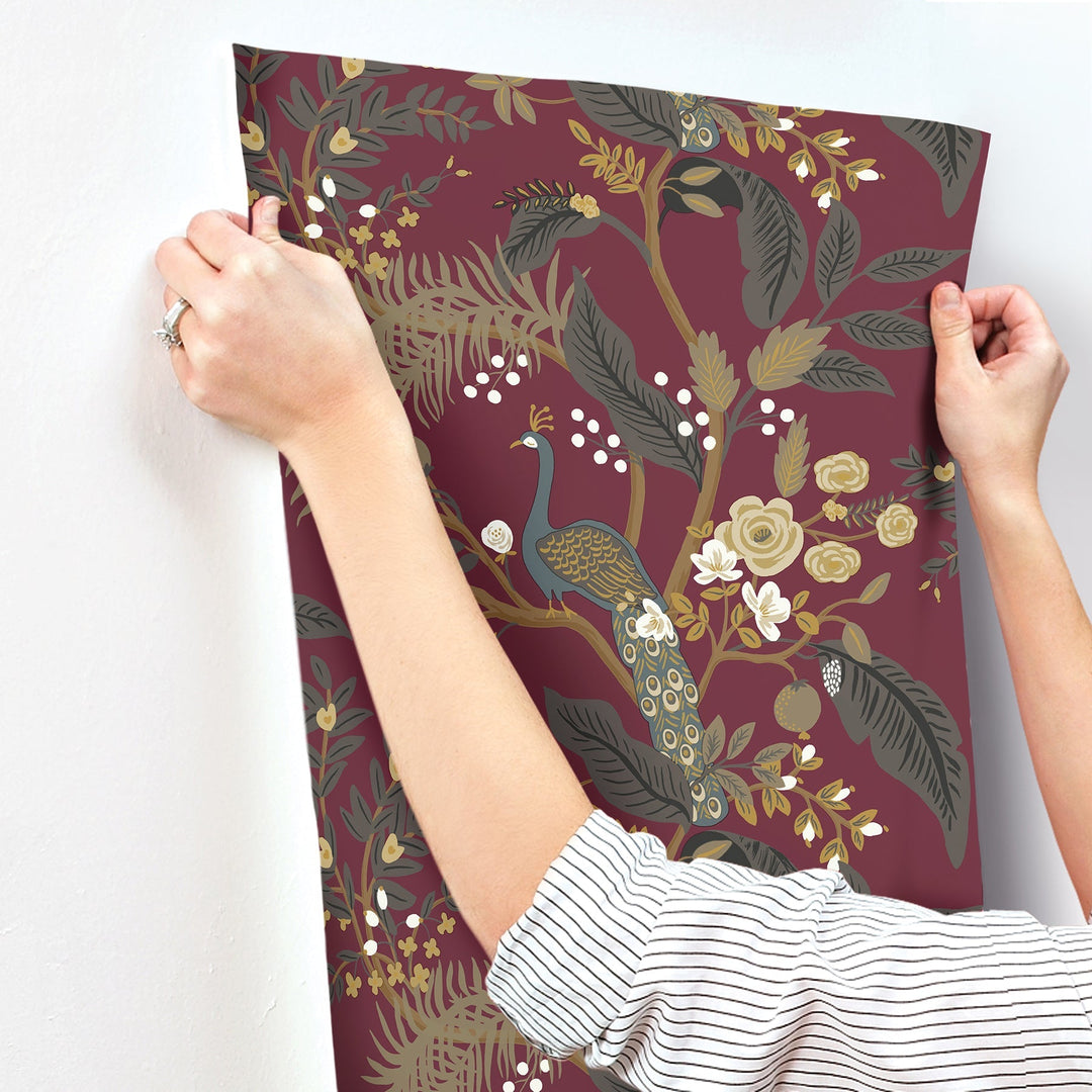 Peacock Burgundy Wallpaper by Rifle Paper Co. Designer