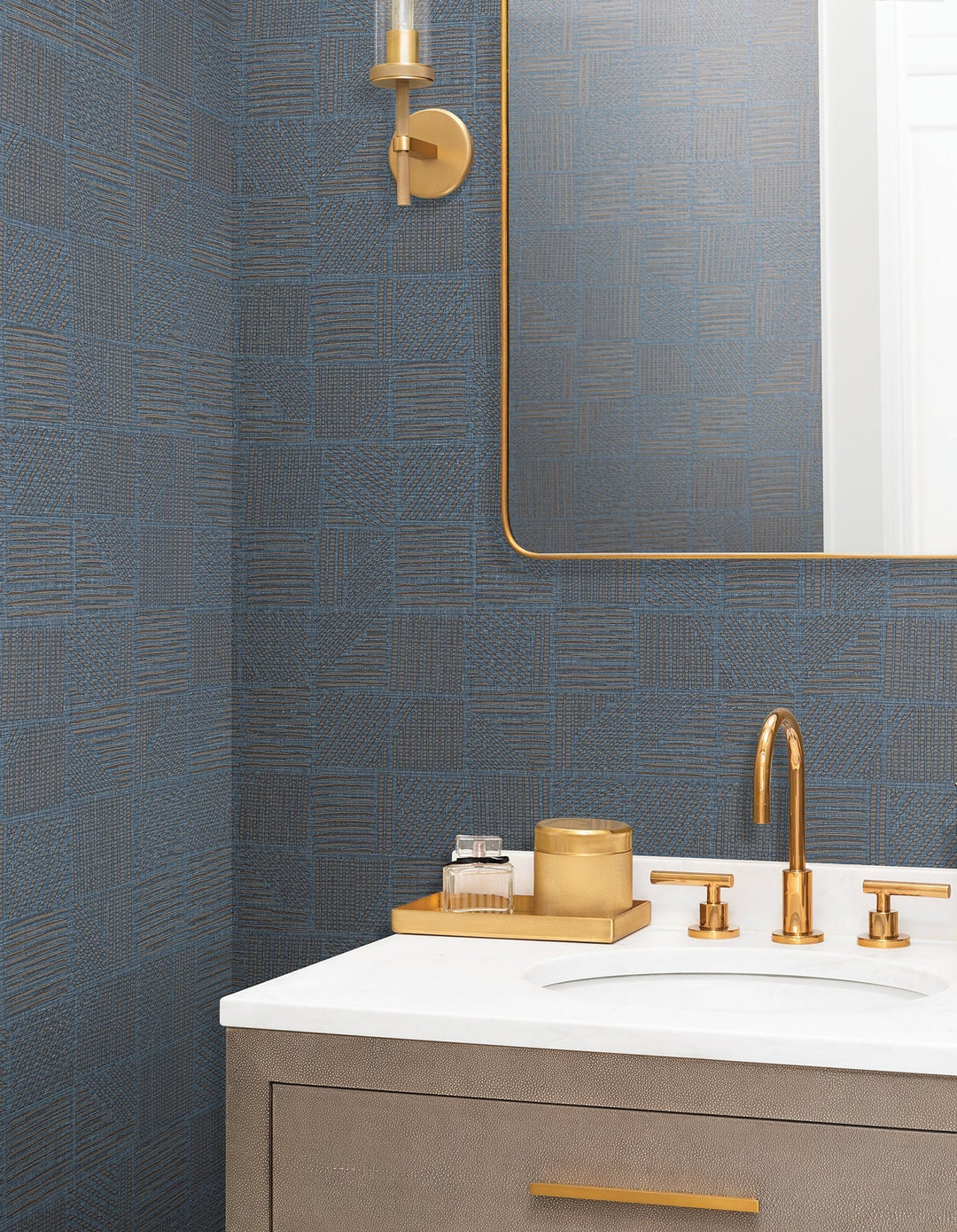 Chiseled Patchwork Sapphire Faux Fabric Wallpaper by York Wallcoverings Designer
