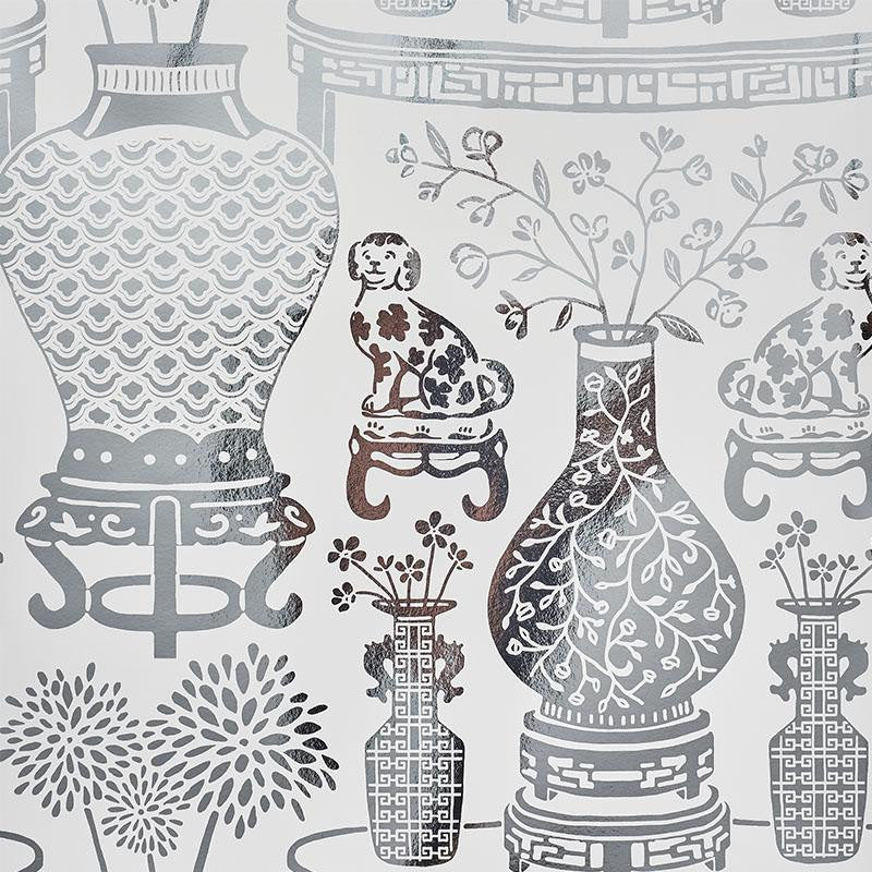 Hellene Mylar Silver 5010610 by Schumacher Wallpaper Step Lively 27.5" - Fabric Carolina -