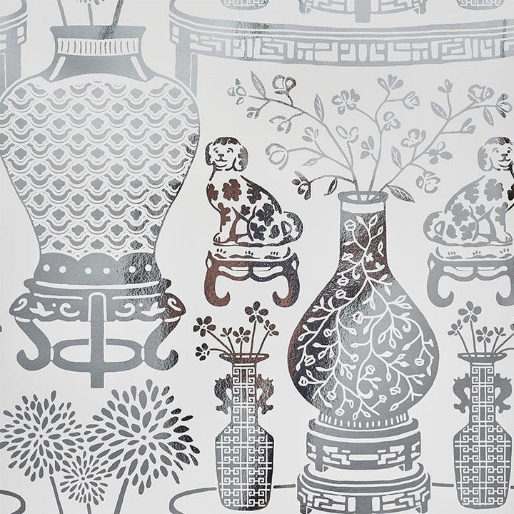 Hellene Mylar Silver 5010610 by Schumacher Wallpaper Step Lively 27.5" - Fabric Carolina -