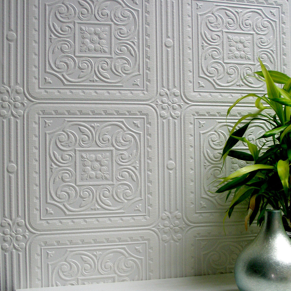 Turner Tile White Paintable Textured Vinyl Wallpaper by Brewster Anaglypta X Covers about 57.5 square feet 20.9-in by 33-ft long roll Unpasted 8.4 - Fabric Carolina -