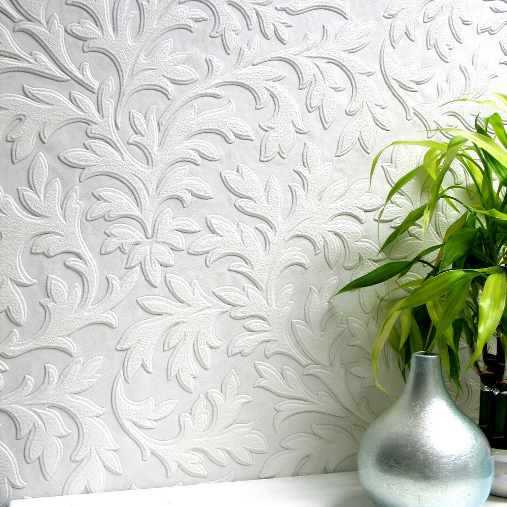 High Leaf White Paintable Textured Vinyl Wallpaper by Brewster Anaglypta X Covers about 57.5 square feet 20.9-in by 33-ft long roll Unpasted 21.3 - Fabric Carolina -
