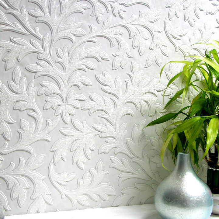 High Leaf White Paintable Textured Vinyl Wallpaper by Brewster Anaglypta X Covers about 57.5 square feet 20.9-in by 33-ft long roll Unpasted 21.3 - Fabric Carolina -