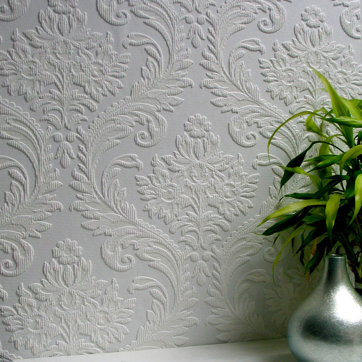 High Trad White Paintable Textured Vinyl Wallpaper by Brewster Anaglypta X Covers about 57.5 square feet 20.9-in by 33-ft long roll Unpasted 12.6 - Fabric Carolina -