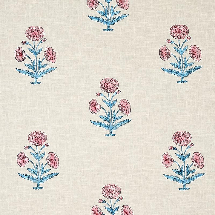Poppy Hand Block Print Rose & Sky 179840 by Schumacher Fabric Molly Mahon 8.88" - Fabric Carolina -