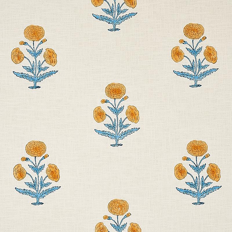 Poppy Hand Block Print Mustard & Sky 179841 by Schumacher Fabric Molly Mahon 8.88" - Fabric Carolina -