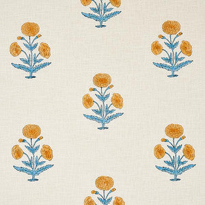 Poppy Hand Block Print Mustard & Sky 179841 by Schumacher Fabric