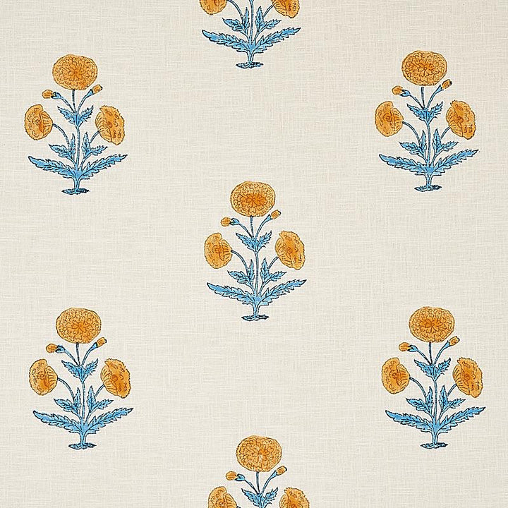 Poppy Hand Block Print Mustard & Sky 179841 by Schumacher Designer Fabric Molly Mahon 8.88" - Swanky Fabrics -