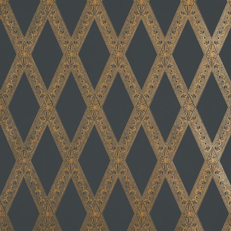 Les Losanges Toile Gold On Black 5011362 by Schumacher Designer Wallpaper Jill Lasersohn 10.25" - Swanky Fabrics -