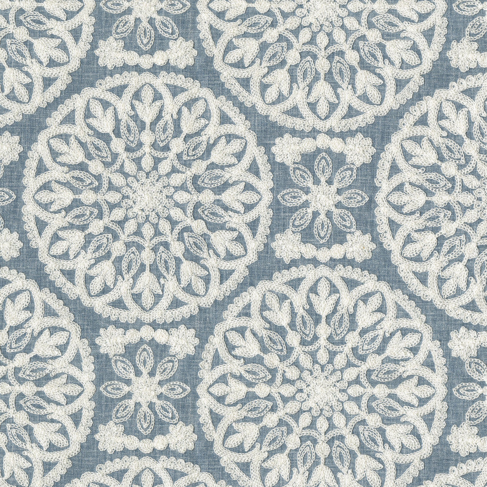 Lace Medallion Emb Cornflower 472230 by PK Lifestyles Designer Fabric Cultural Exchange IX Base: 52% Polyester, 48% Cotton EMB: 100% Rayon India 51000 H: 10.2, V: 9 52 - Swanky Fabrics -
