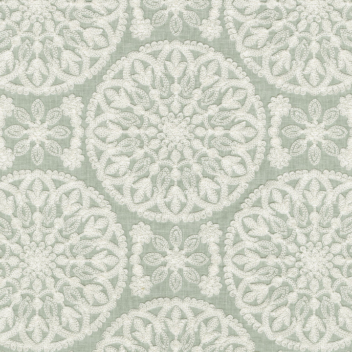 Lace Medallion Emb Mist 472231 by PK Lifestyles Fabric Cultural Exchange IX Base: 52% Polyester, 48% Cotton EMB: 100% Rayon India 51000 H: 10.2, V: 9 52 - Fabric Carolina -
