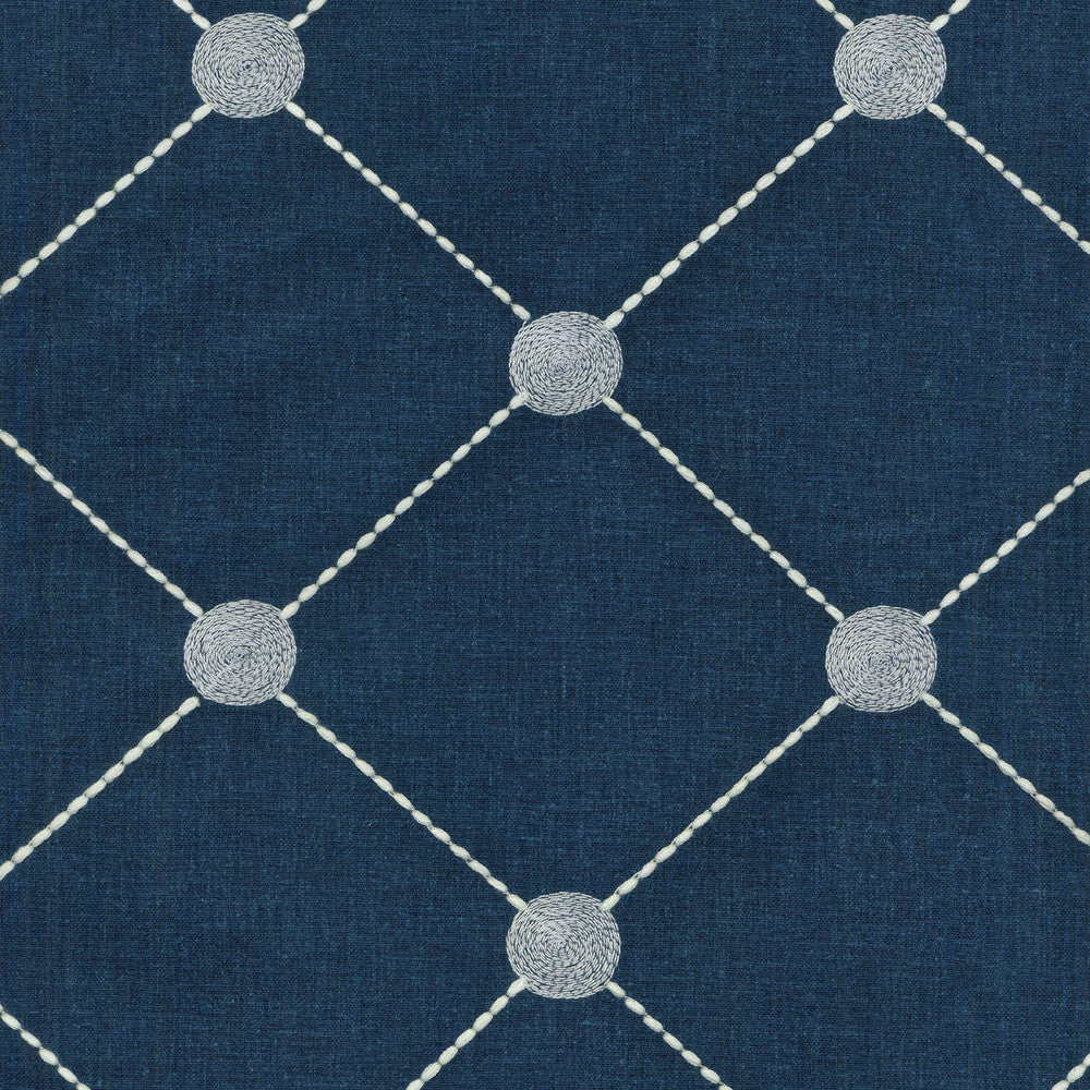 Fanfare Emb Indigo 550071 by Kelly Ripa Home Fabric WALKING ON AIR BASE:60% Polyester 30% Cotton 10% Linen EMBROID:100% Polyester INDIA Wyzenbeek 12,000 Horizontal: 6.50" and Vertical: 6.00" 54" - Fabric Carolina -