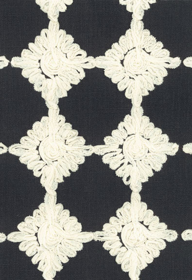 Rosette Embroidery Charcoal 55870 by Schumacher Fabric COLLECTION-NAME-TBA-55870 70% Linen, 30% Cotton Martindale 5,000 Horizontal: 3 and Vertical: 3 53.5 - Fabric Carolina -