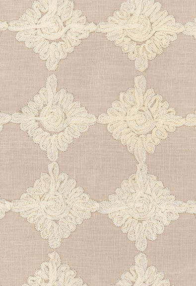 Rosette Embroidery Alabaster 55872 by Schumacher Fabric COLLECTION-NAME-TBA-55870 70% Linen, 30% Cotton Martindale 5,000 Horizontal: 3 and Vertical: 3 53.5 - Fabric Carolina -