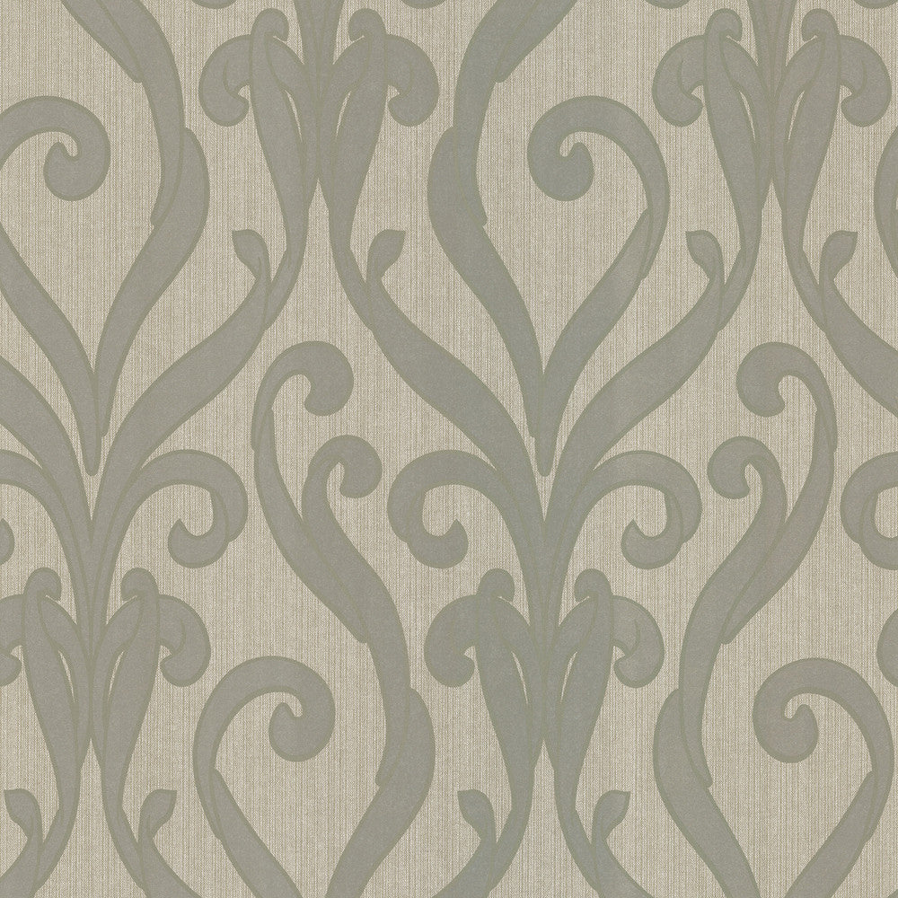 Medusa Olive Swirl Modern Damask Wallpaper by Kenneth James Serene Covers about 56.4 square feet 20.5-in by 33-ft long roll Unpasted 25 - Fabric Carolina -