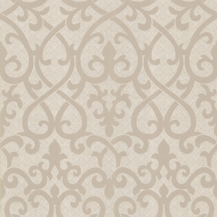 Giselle Light Brown Ironwork Damask Wallpaper by Kenneth James Serene Covers about 56.4 square feet 20.5-in by 33-ft long roll Unpasted 21 - Fabric Carolina -